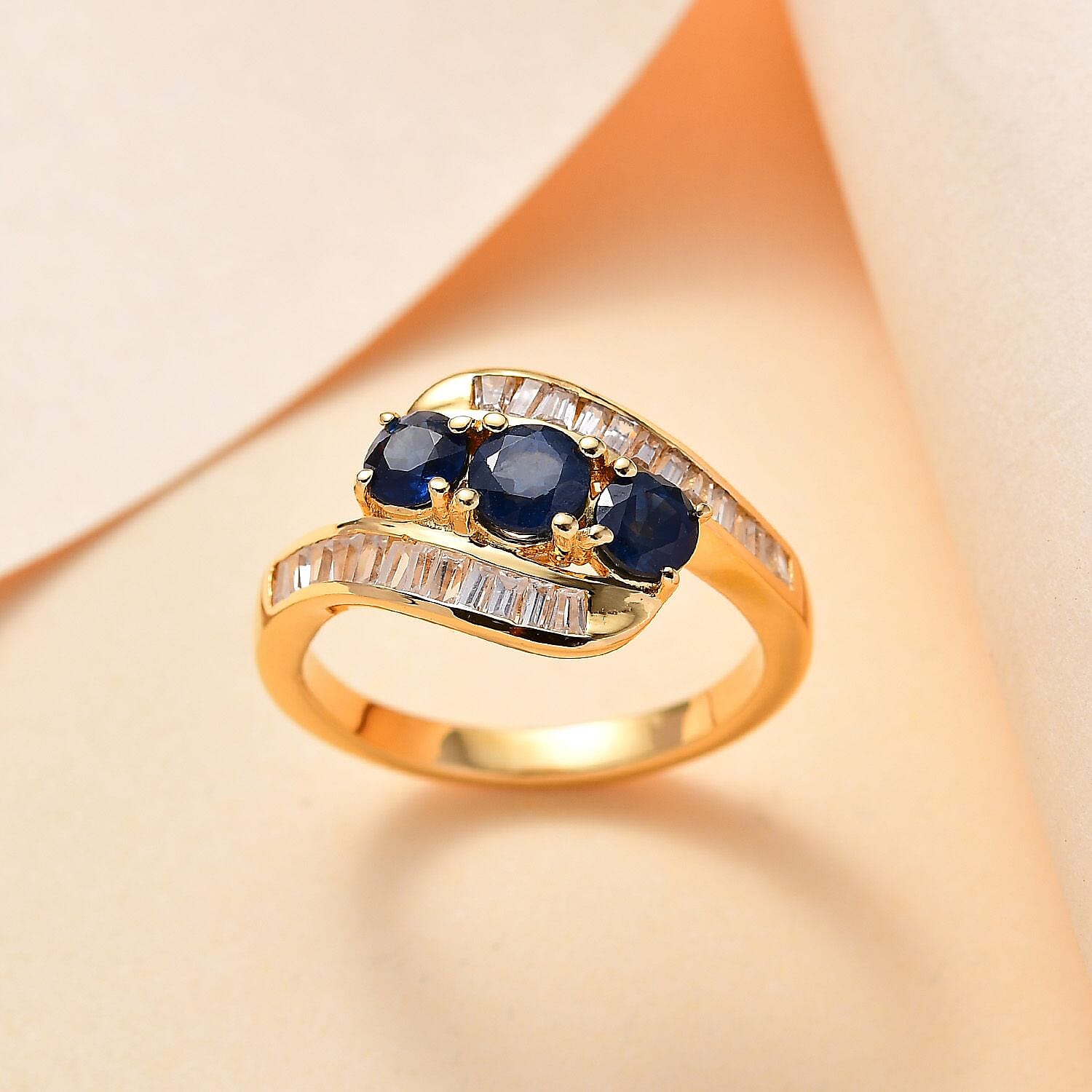 Blue Sapphire and White Zircon 2.31 ctw Ring in 18K Vermeil Yellow Gold Over Sterling Silver (Size 6.5)
