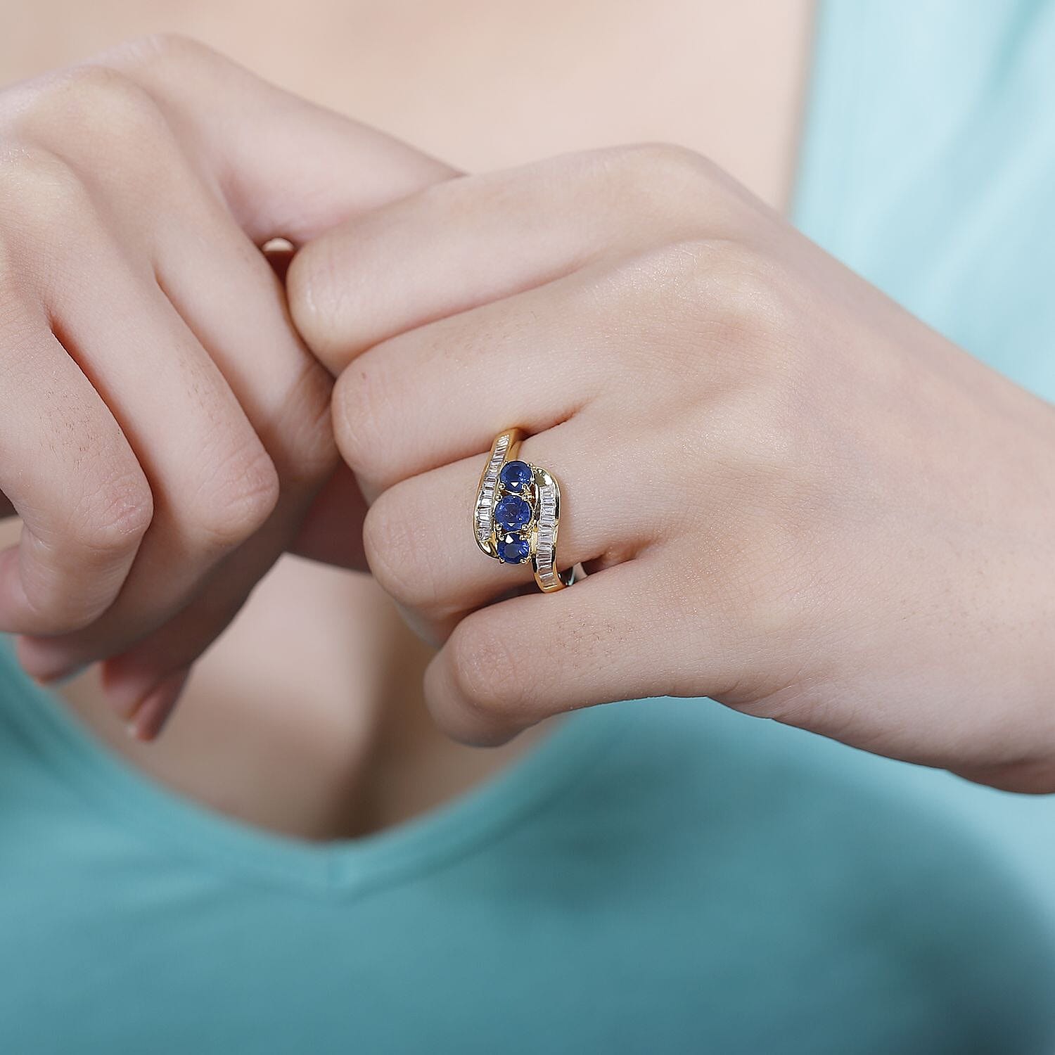 Blue Sapphire and White Zircon 2.31 ctw Ring in 18K Vermeil Yellow Gold Over Sterling Silver (Size 6.5)