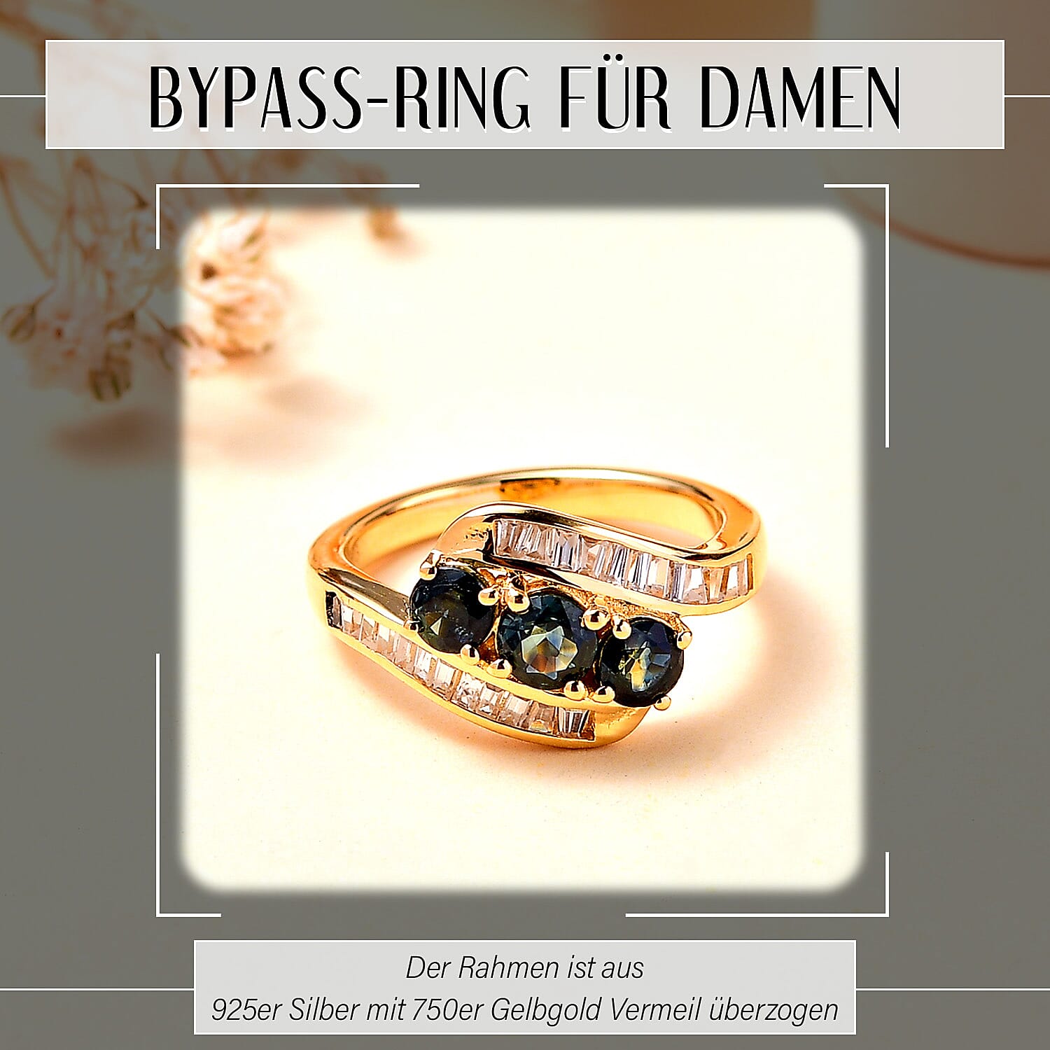 Green Sapphire and White Zircon 2.31 ctw Ring in 18K Vermeil Yellow Gold Over Sterling Silver (Size 8.0)