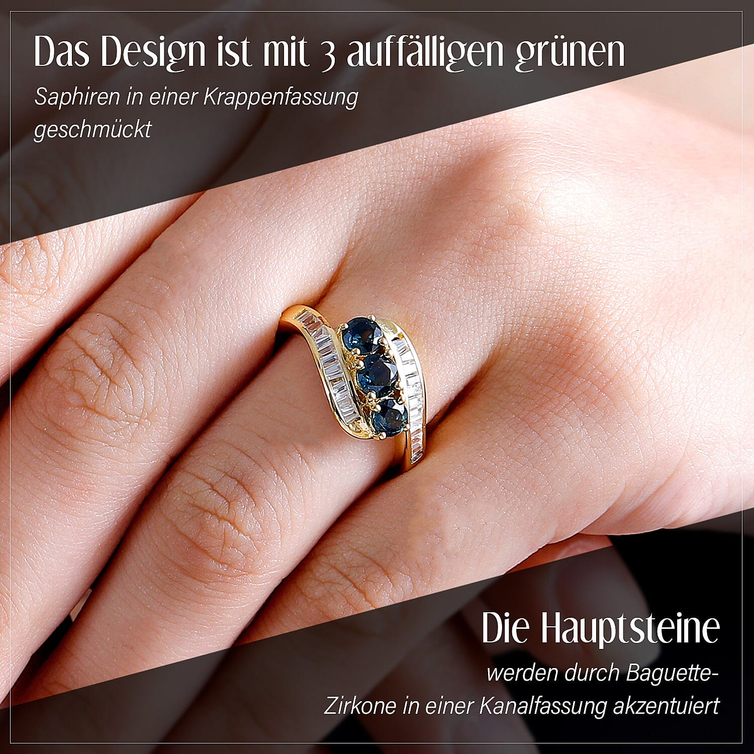Green Sapphire and White Zircon 2.31 ctw Ring in 18K Vermeil Yellow Gold Over Sterling Silver (Size 8.0)