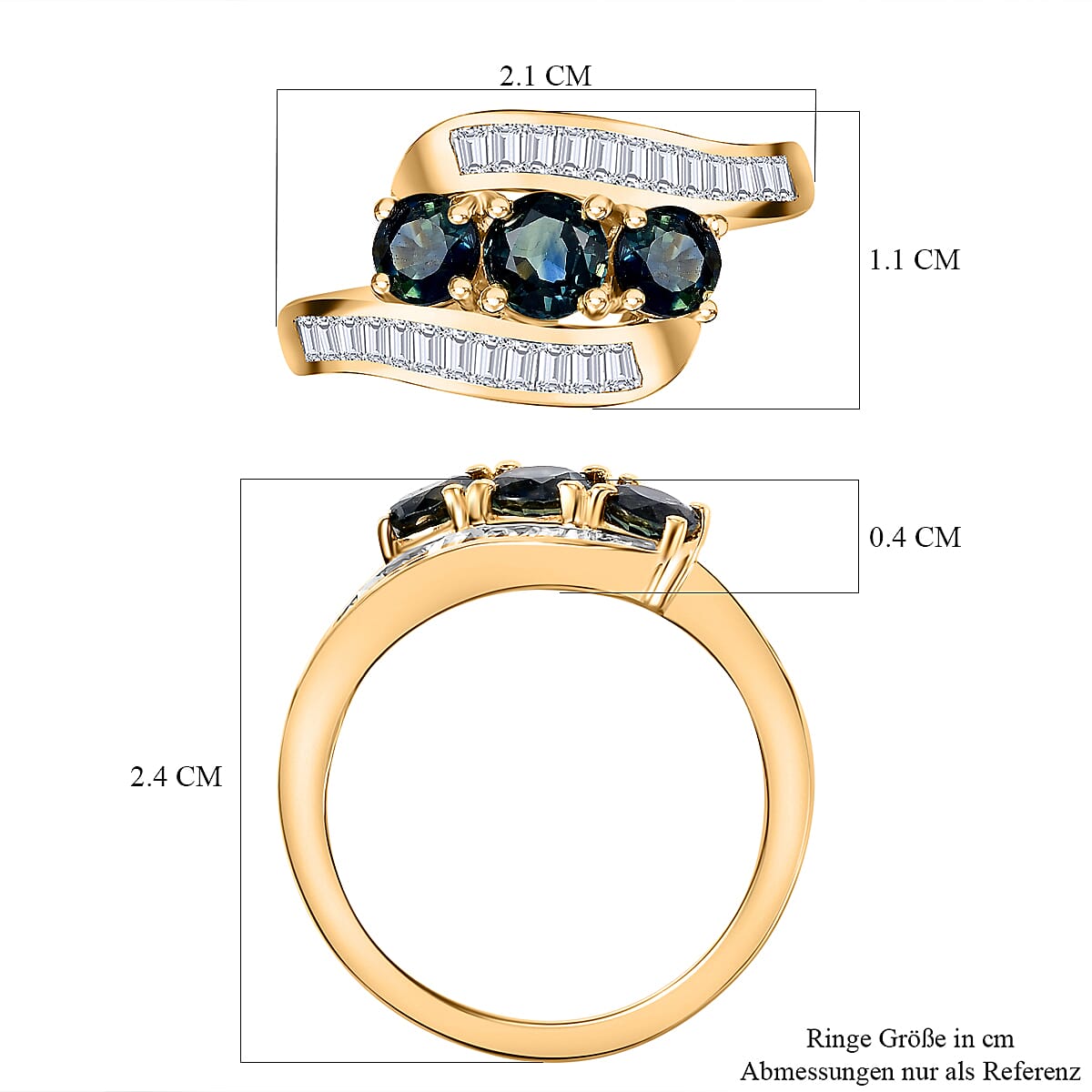 Green Sapphire and White Zircon 2.31 ctw Ring in 18K Vermeil Yellow Gold Over Sterling Silver (Size 8.0)
