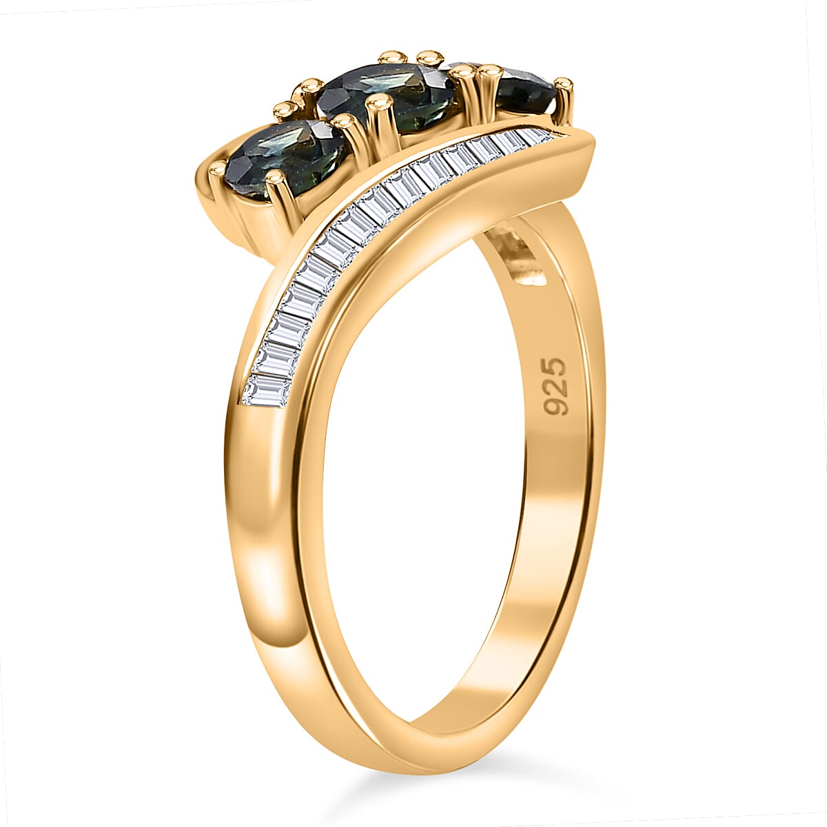 Green Sapphire and White Zircon 2.31 ctw Ring in 18K Vermeil Yellow Gold Over Sterling Silver (Size 8.0)