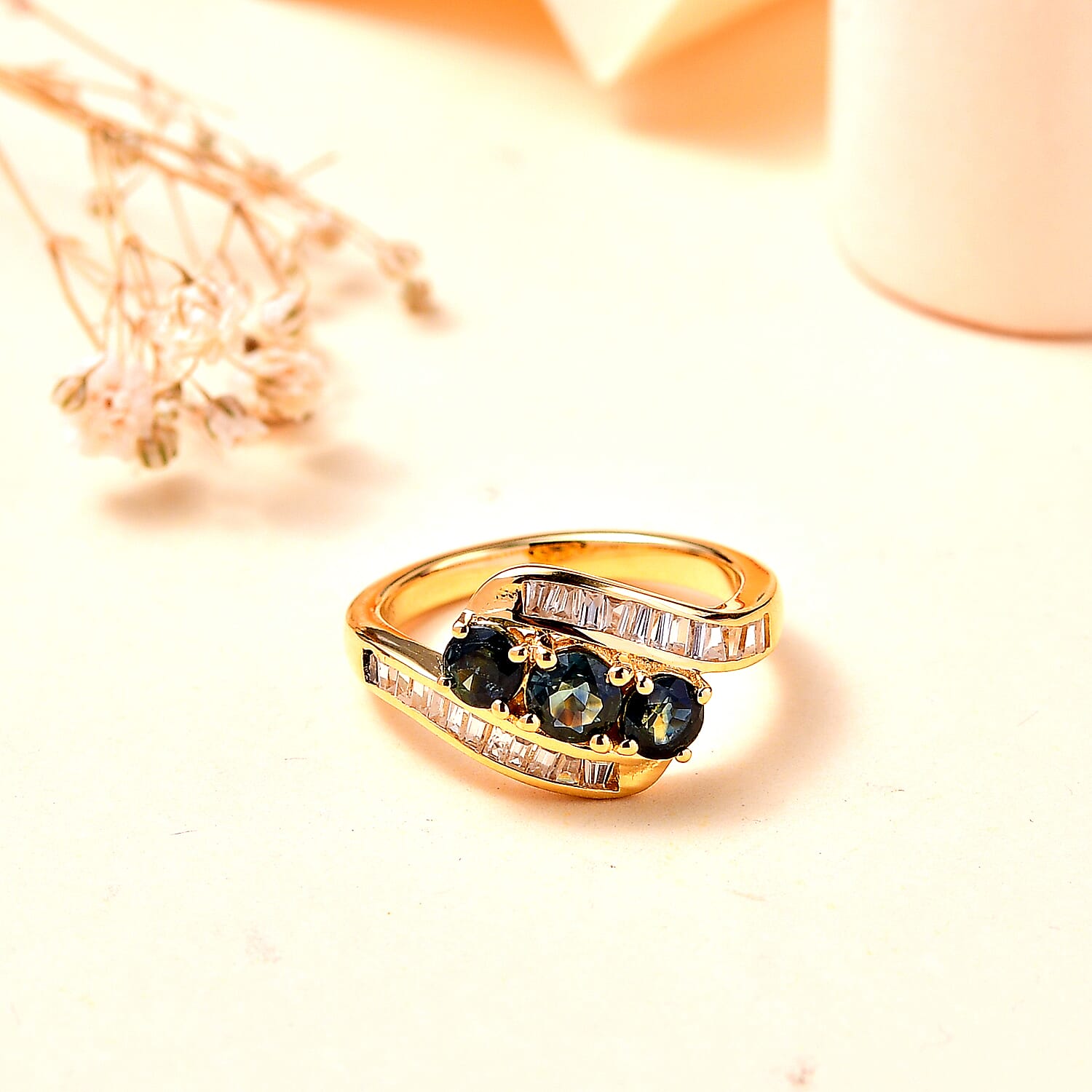 Green Sapphire and White Zircon 2.31 ctw Ring in 18K Vermeil Yellow Gold Over Sterling Silver (Size 8.0)