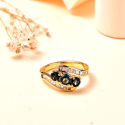 Green Sapphire and White Zircon 2.31 ctw Ring in 18K Vermeil Yellow Gold Over Sterling Silver (Size 8.0)