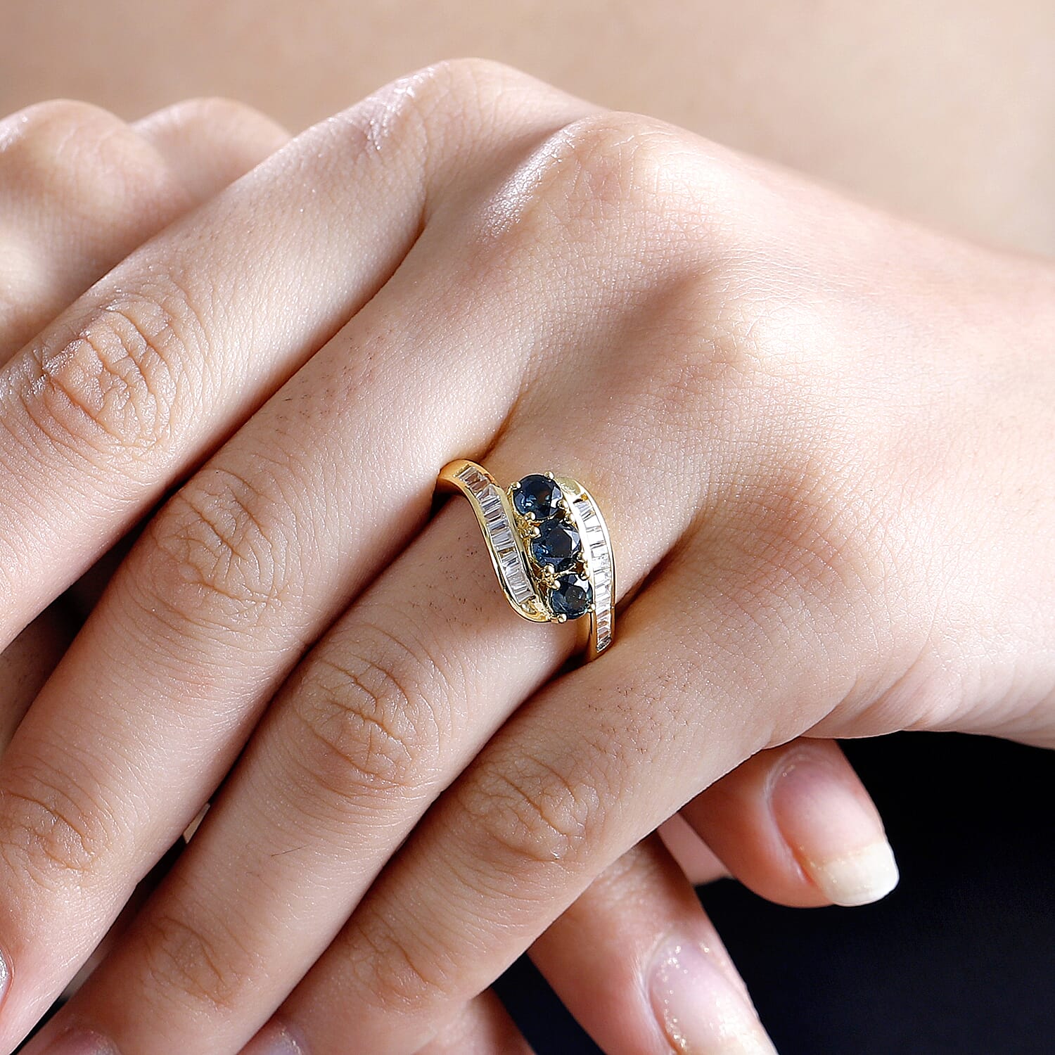 Green Sapphire and White Zircon 2.31 ctw Ring in 18K Vermeil Yellow Gold Over Sterling Silver (Size 8.0)