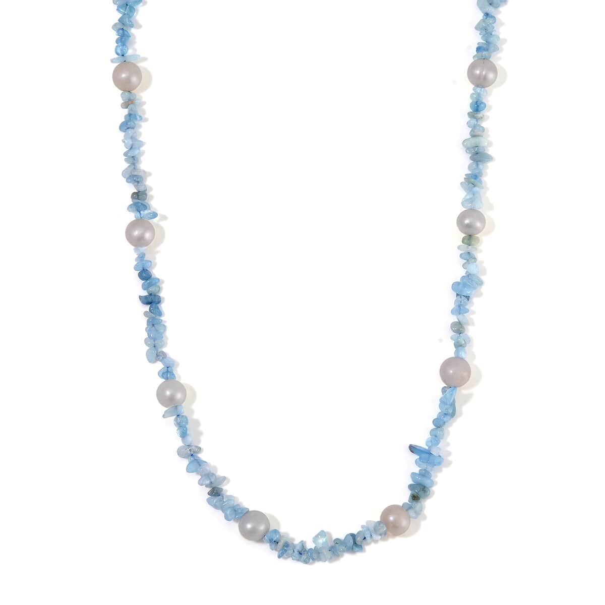 White Freshwater Pearl and Aquamarine Chips Necklace 20 Inches in Stainless Steel 90.00 ctw image number 0