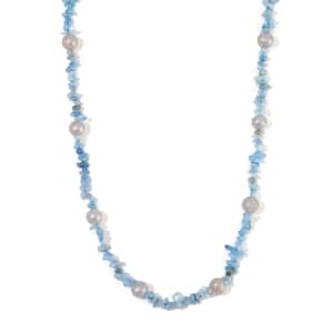 White Freshwater Pearl and Aquamarine Chips Necklace 20 Inches in Stainless Steel 90.00 ctw