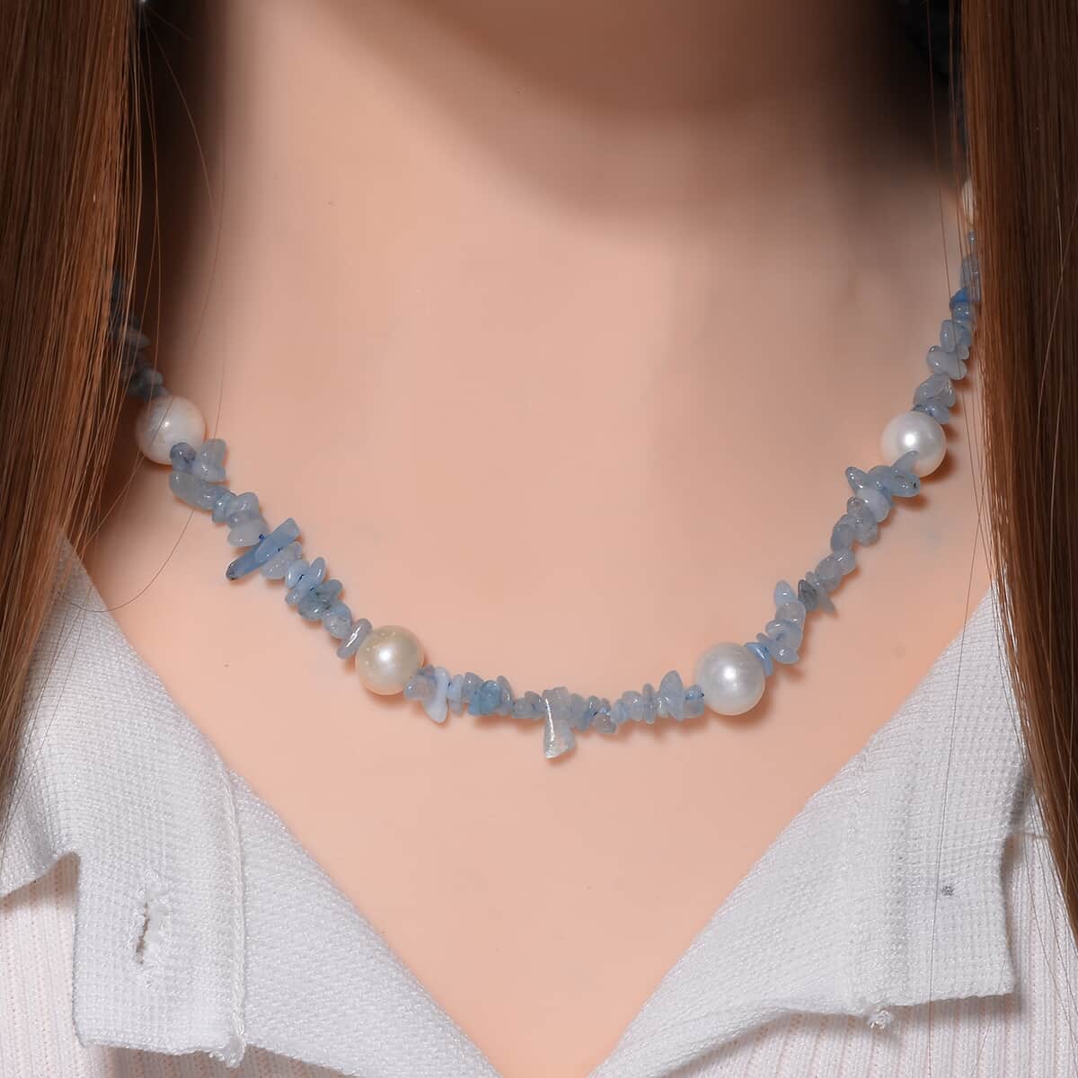 White Freshwater Pearl and Aquamarine Chips Necklace 20 Inches in Stainless Steel 90.00 ctw image number 1