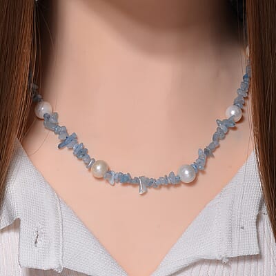 White Freshwater Pearl and Aquamarine Chips Necklace 20 Inches in Stainless Steel 90.00 ctw