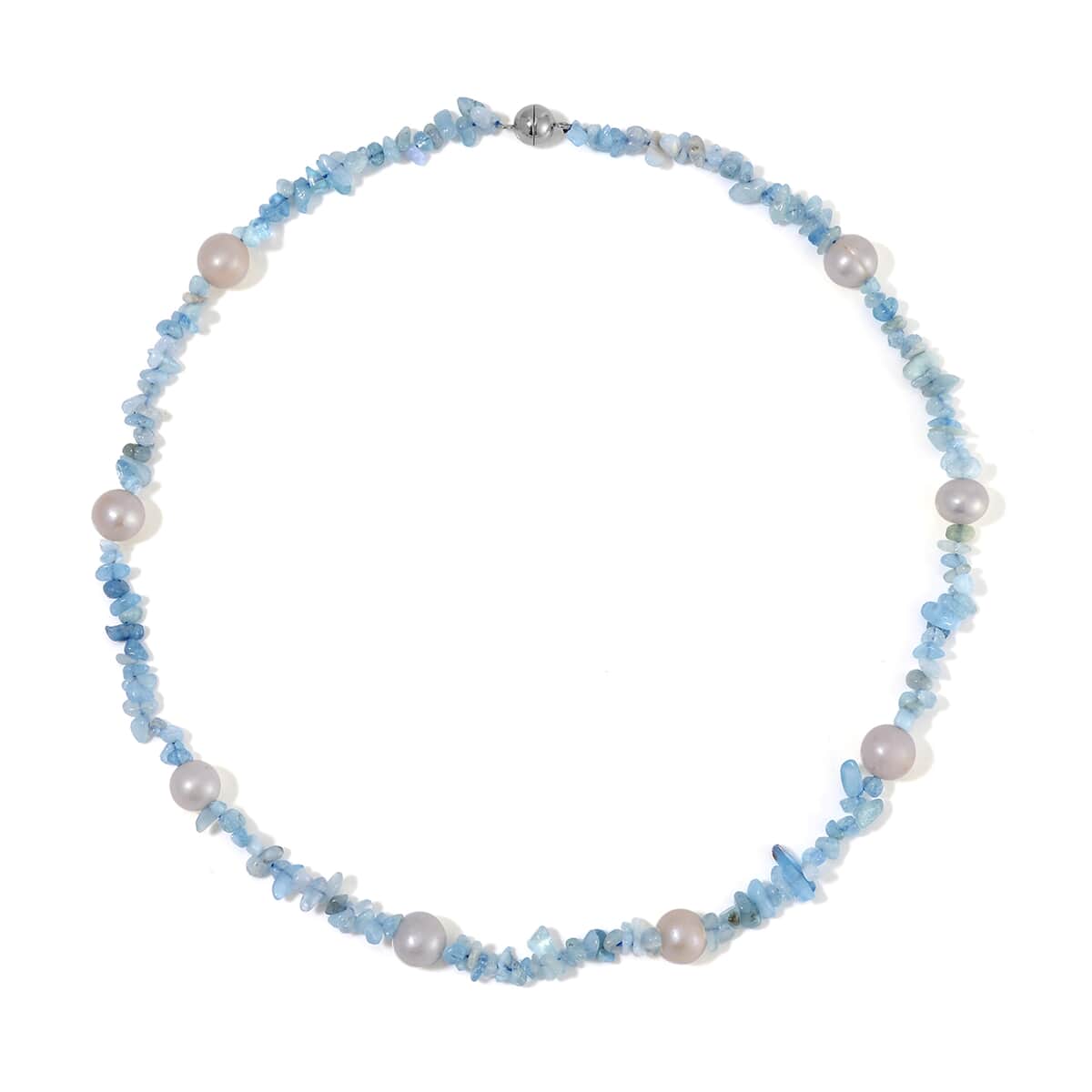 White Freshwater Pearl and Aquamarine Chips Necklace 20 Inches in Stainless Steel 90.00 ctw image number 2