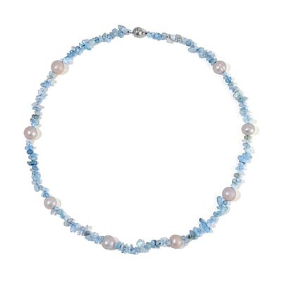White Freshwater Pearl and Aquamarine Chips Necklace 20 Inches in Stainless Steel 90.00 ctw