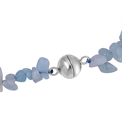 White Freshwater Pearl and Aquamarine Chips Necklace 20 Inches in Stainless Steel 90.00 ctw