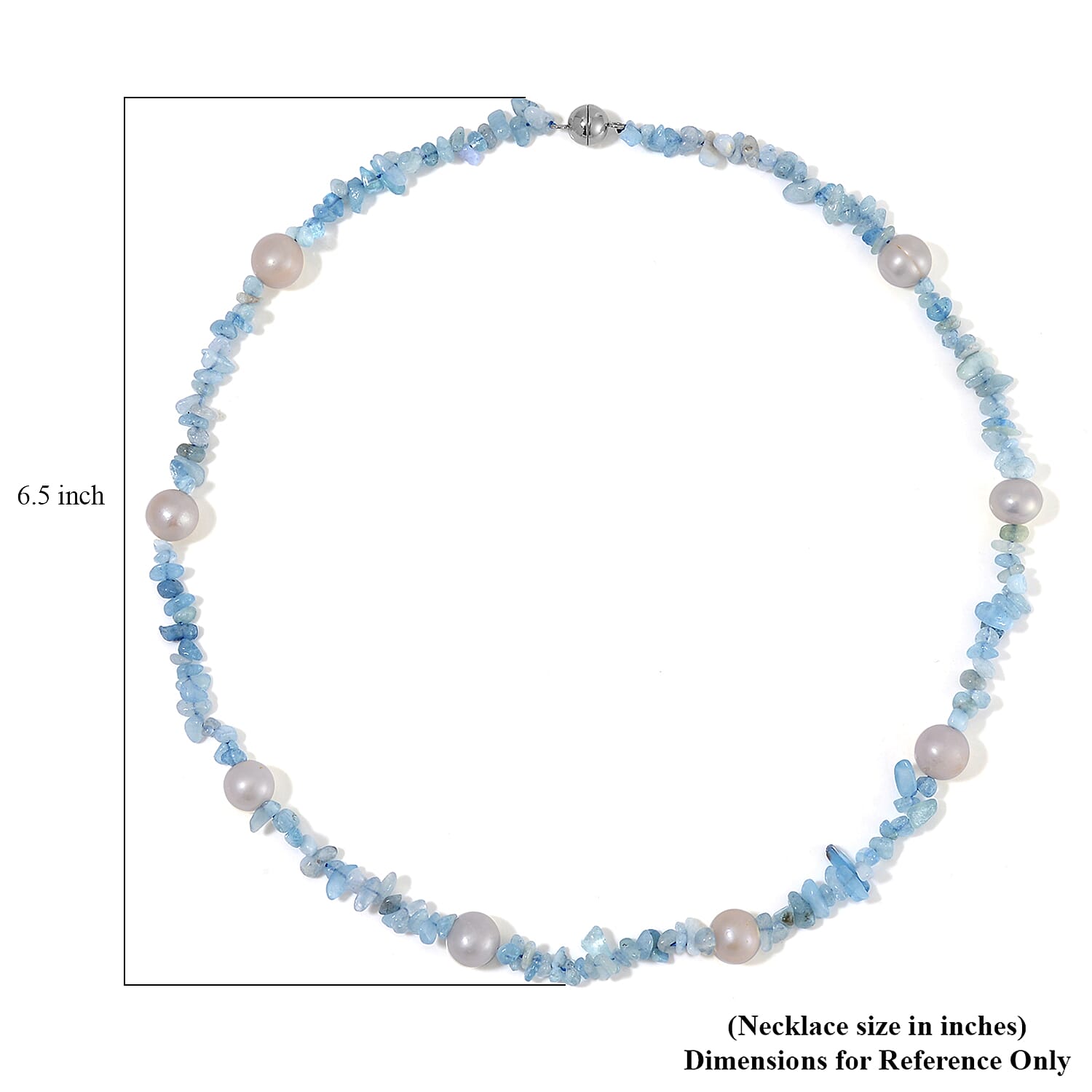 White Freshwater Pearl and Aquamarine Chips Necklace 20 Inches in Stainless Steel 90.00 ctw
