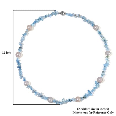 White Freshwater Pearl and Aquamarine Chips Necklace 20 Inches in Stainless Steel 90.00 ctw