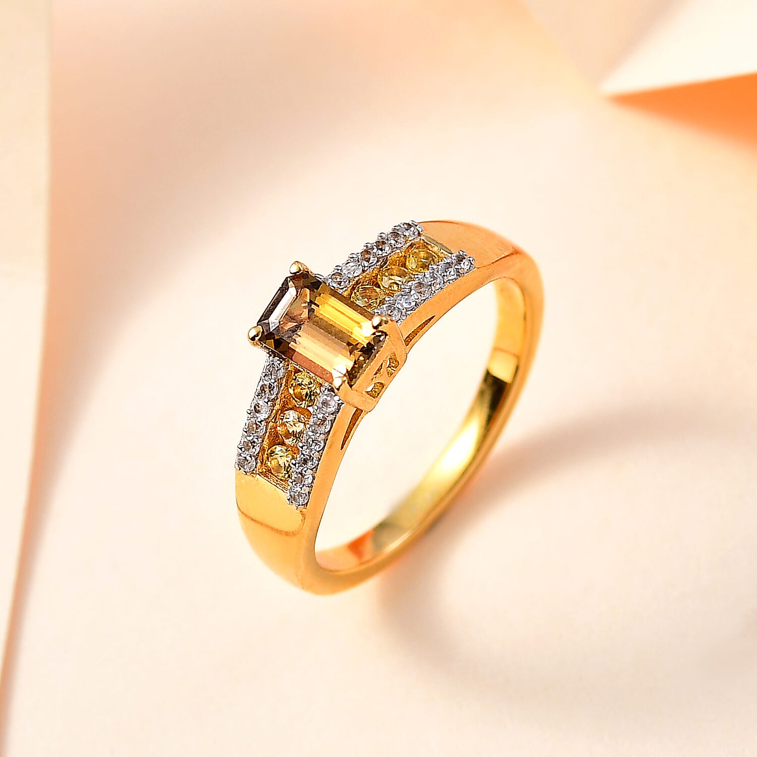 Golden Tanzanite and Multi Gemstone Wide Shank Ring in 18K Vermeil Yellow Gold Over Sterling Silver (Size 5.0) 1.00 ctw