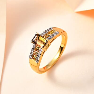 Golden Tanzanite and Multi Gemstone Wide Shank Ring in 18K Vermeil Yellow Gold Over Sterling Silver (Size 5.0) 1.00 ctw
