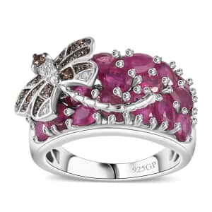 GP Trionfo Collection Niassa Ruby (FF) and Multi Gemstone Dragonfly Ring in Rhodium Over Sterling Silver (Size 10.0) 5.50 ctw