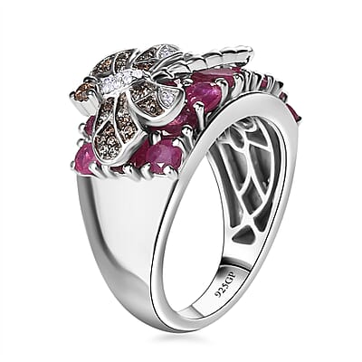 GP Trionfo Collection Niassa Ruby (FF) and Multi Gemstone Dragonfly Ring in Rhodium Over Sterling Silver (Size 10.0) 5.50 ctw