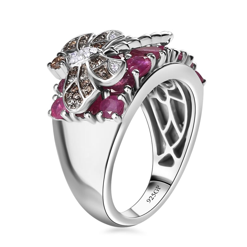 GP Trionfo Collection Niassa Ruby (FF) and Multi Gemstone Dragonfly Ring in Rhodium Over Sterling Silver (Size 10.0) 5.50 ctw