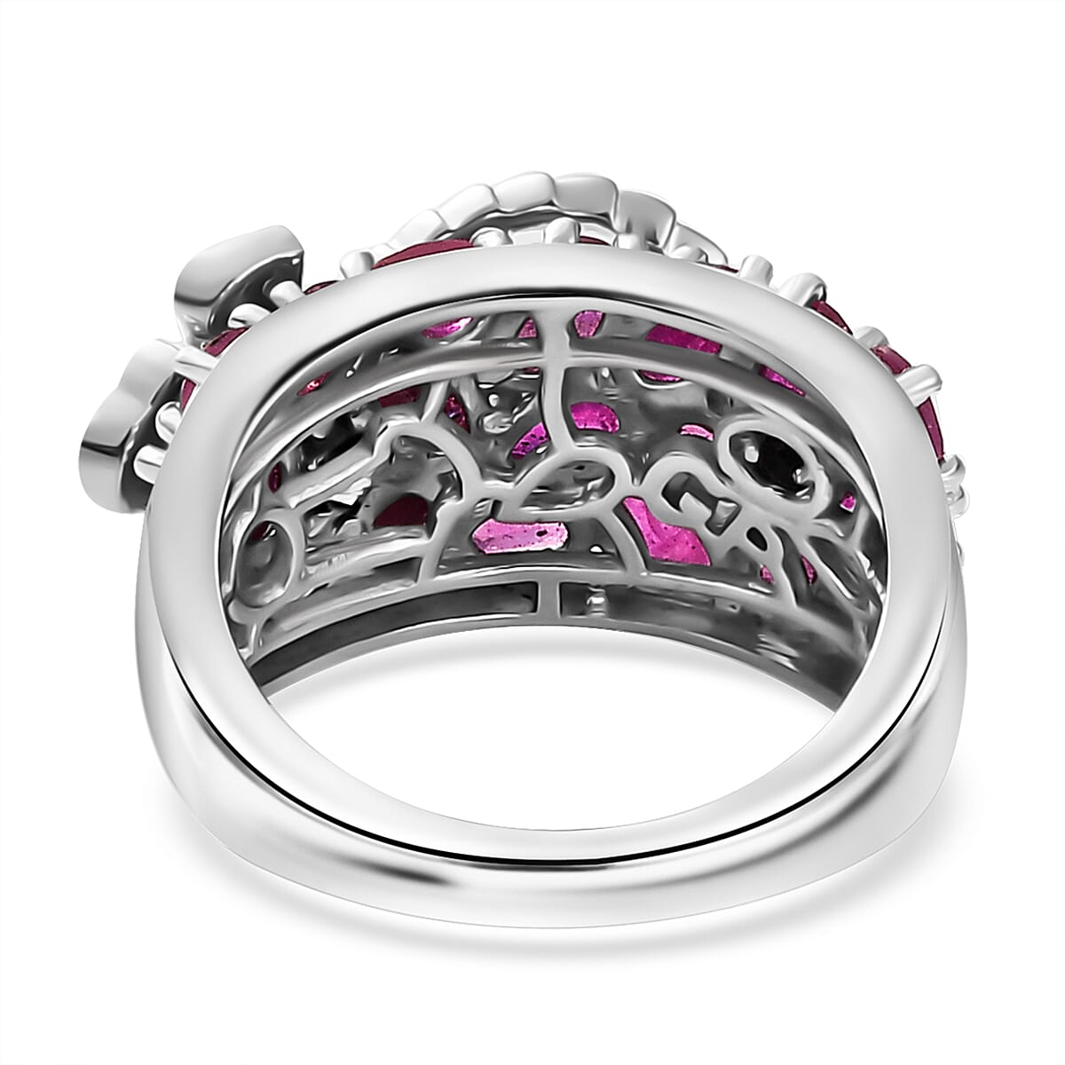 GP Trionfo Collection Niassa Ruby (FF) and Multi Gemstone Dragonfly Ring in Rhodium Over Sterling Silver (Size 10.0) 5.50 ctw