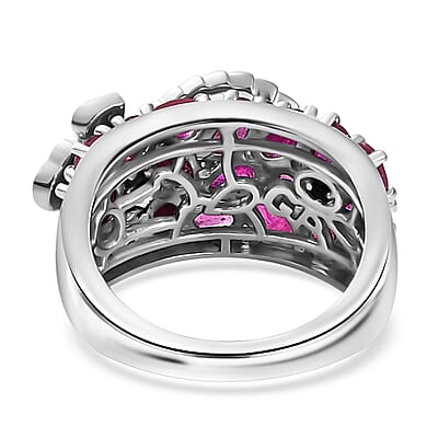 GP Trionfo Collection Niassa Ruby (FF) and Multi Gemstone Dragonfly Ring in Rhodium Over Sterling Silver (Size 10.0) 5.50 ctw