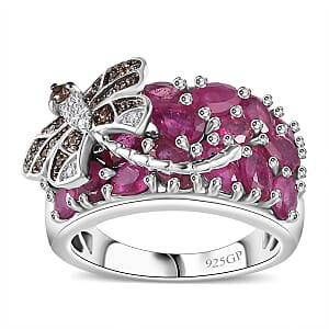GP Trionfo Collection Niassa Ruby (FF) and Multi Gemstone Dragonfly Ring in Rhodium Over Sterling Silver (Size 7.0) 5.50 ctw