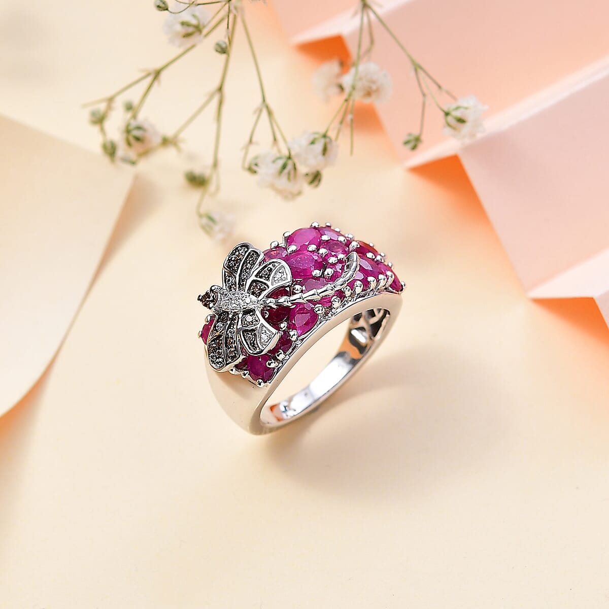 GP Trionfo Collection Niassa Ruby (FF) and Multi Gemstone Dragonfly Ring in Rhodium Over Sterling Silver (Size 7.0) 5.50 ctw image number 1