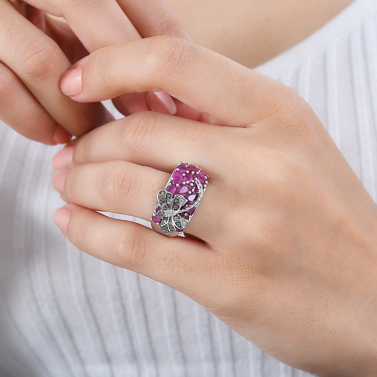 GP Trionfo Collection Niassa Ruby (FF) and Multi Gemstone Dragonfly Ring in Rhodium Over Sterling Silver (Size 7.0) 5.50 ctw image number 2