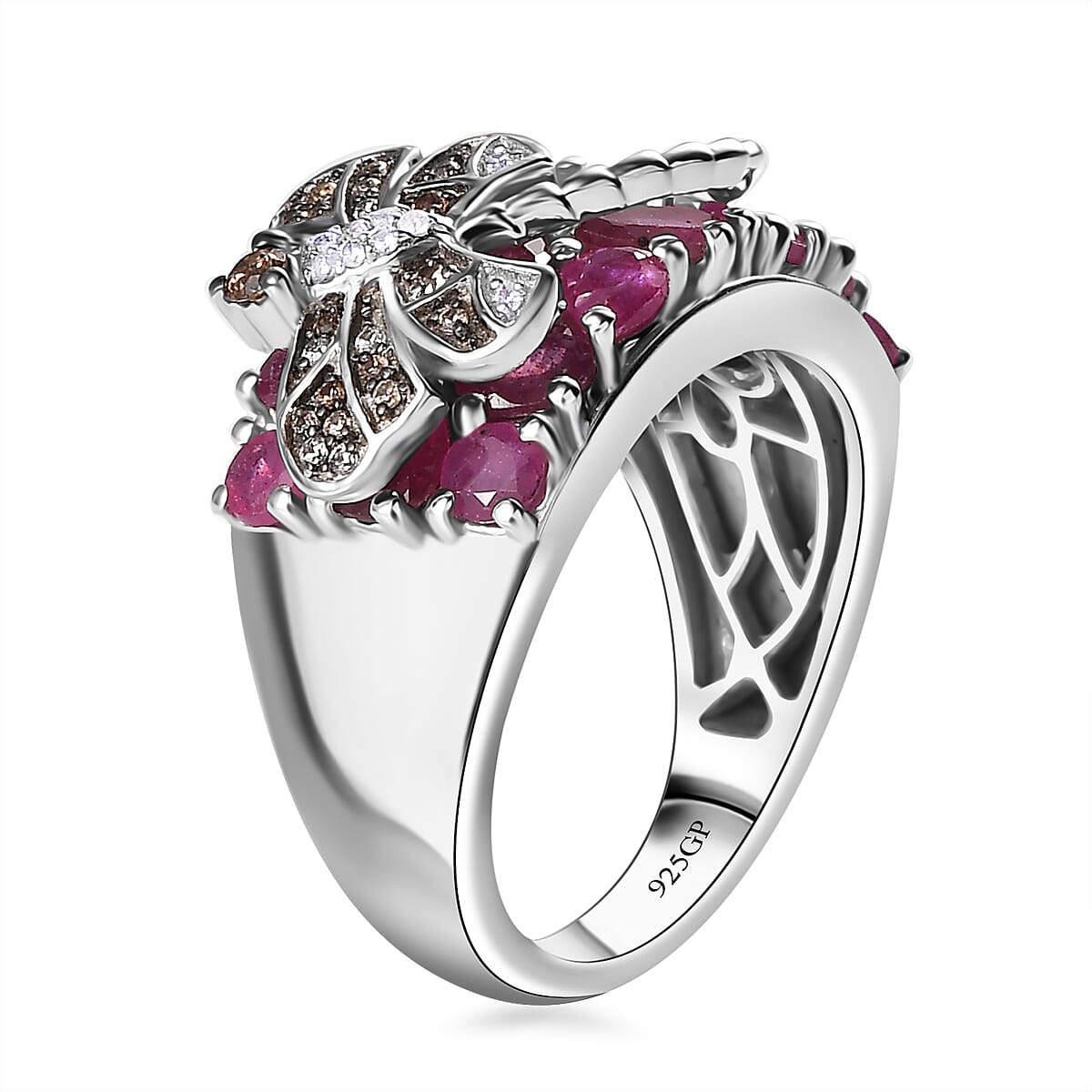 GP Trionfo Collection Niassa Ruby (FF) and Multi Gemstone Dragonfly Ring in Rhodium Over Sterling Silver (Size 7.0) 5.50 ctw image number 3