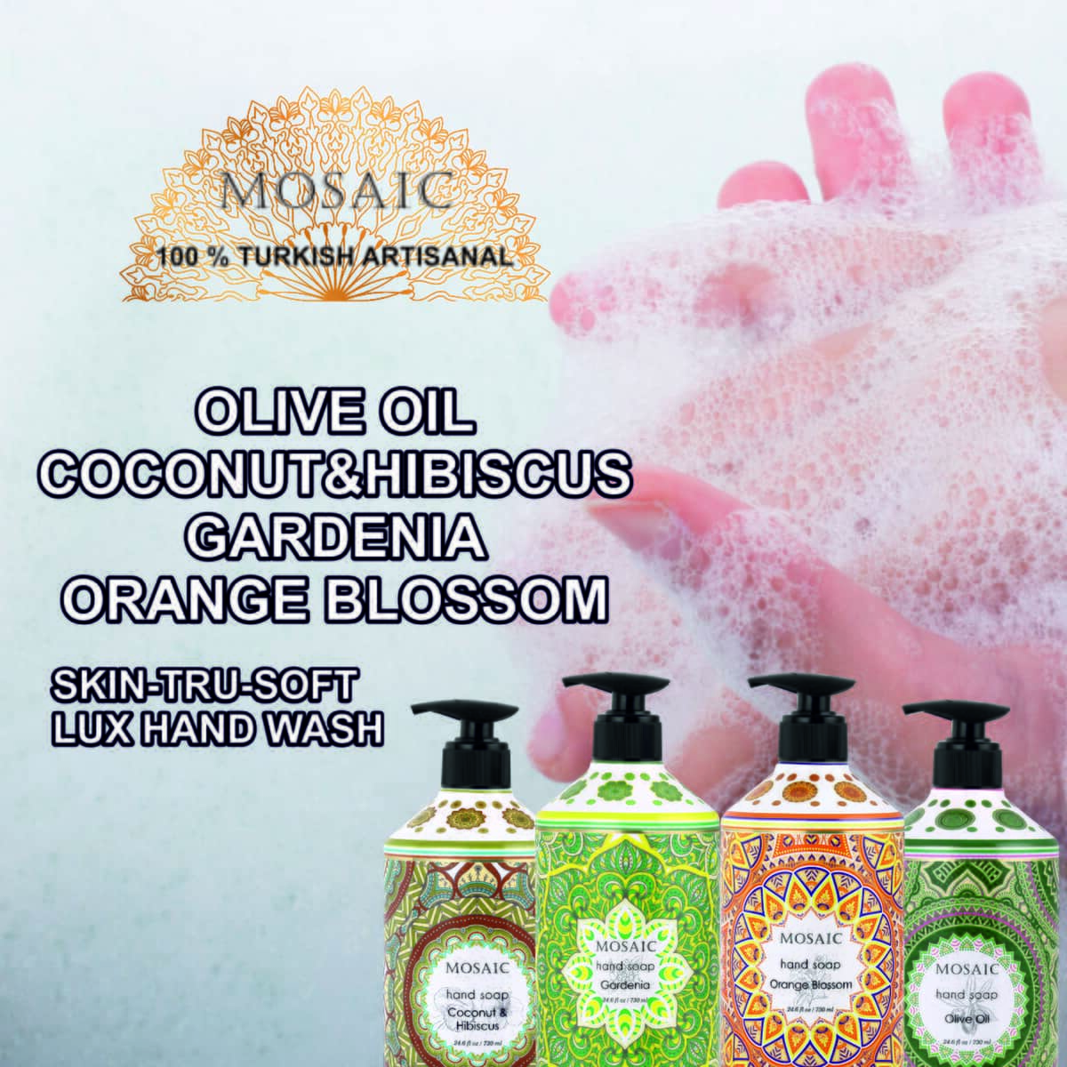 Mosaic Liquid Hand Soap Series- Olive Oil, Coconut & Hibiscus, Gardenia, and Orange Blossom (24.6oz Each) image number 3