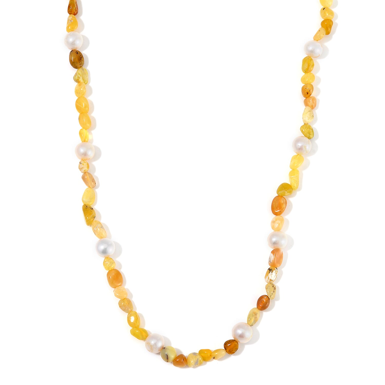 White Freshwater Pearl and Yellow Opal Chips Necklace 20 Inches in Stainless Steel 100.00 ctw