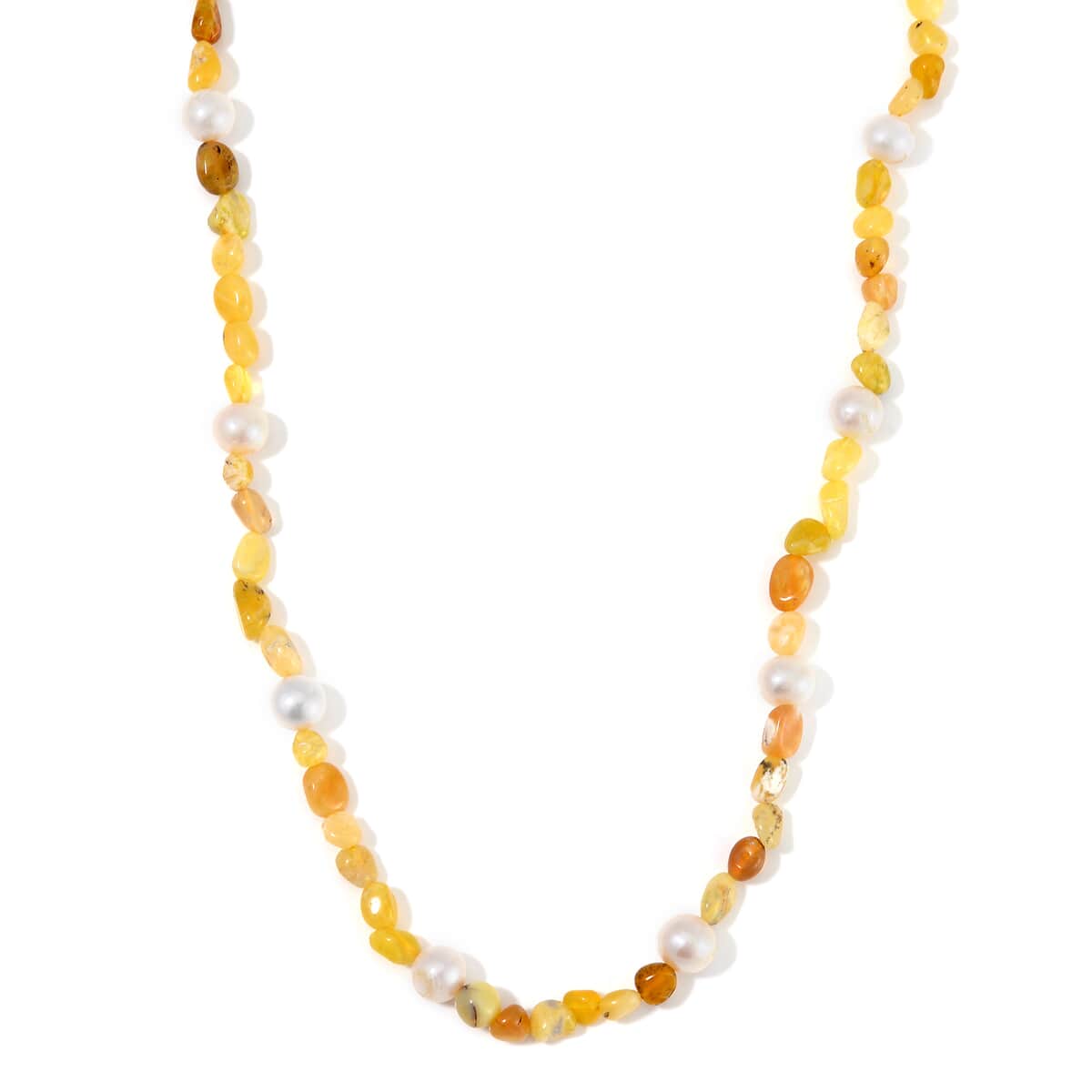 White Freshwater Pearl and Yellow Opal Chips Necklace 20 Inches in Stainless Steel 100.00 ctw image number 0