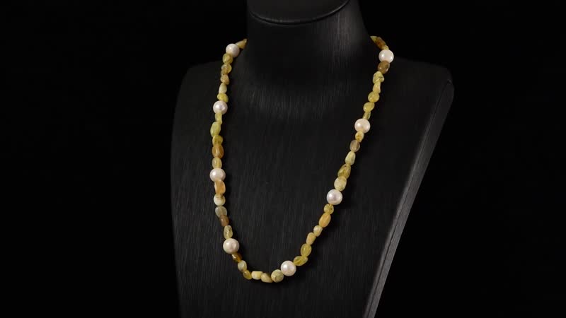 White Freshwater Pearl and Yellow Opal Chips Necklace 20 Inches in Stainless Steel 100.00 ctw