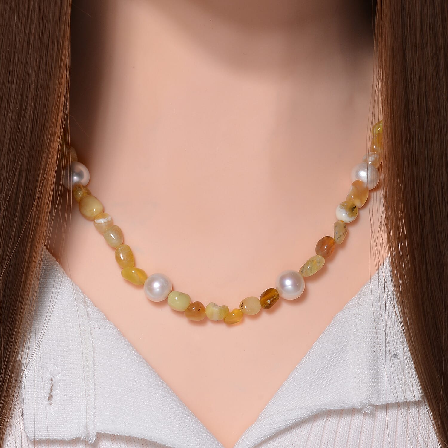 White Freshwater Pearl and Yellow Opal Chips Necklace 20 Inches in Stainless Steel 100.00 ctw