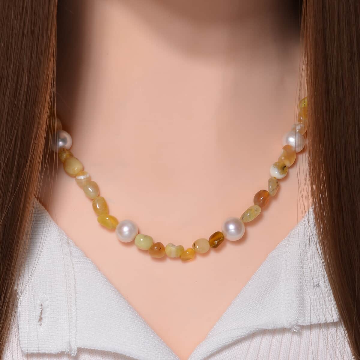 White Freshwater Pearl and Yellow Opal Chips Necklace 20 Inches in Stainless Steel 100.00 ctw image number 1
