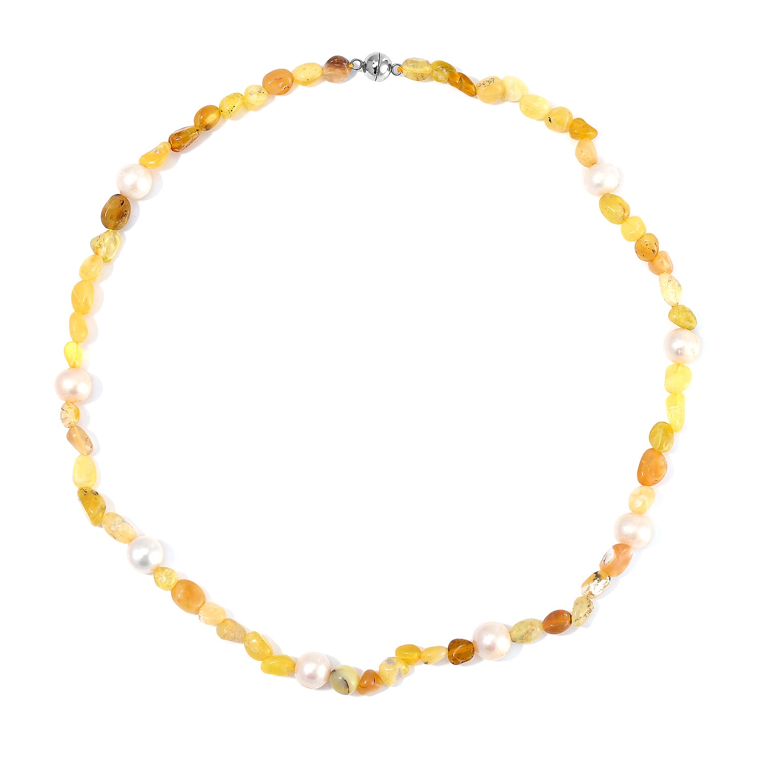 White Freshwater Pearl and Yellow Opal Chips Necklace 20 Inches in Stainless Steel 100.00 ctw