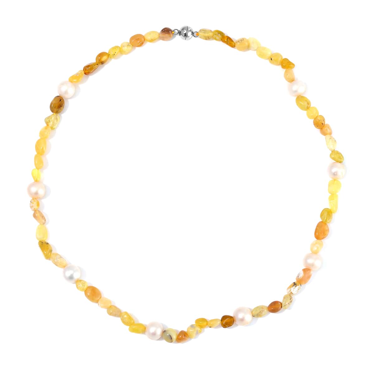 White Freshwater Pearl and Yellow Opal Chips Necklace 20 Inches in Stainless Steel 100.00 ctw image number 2