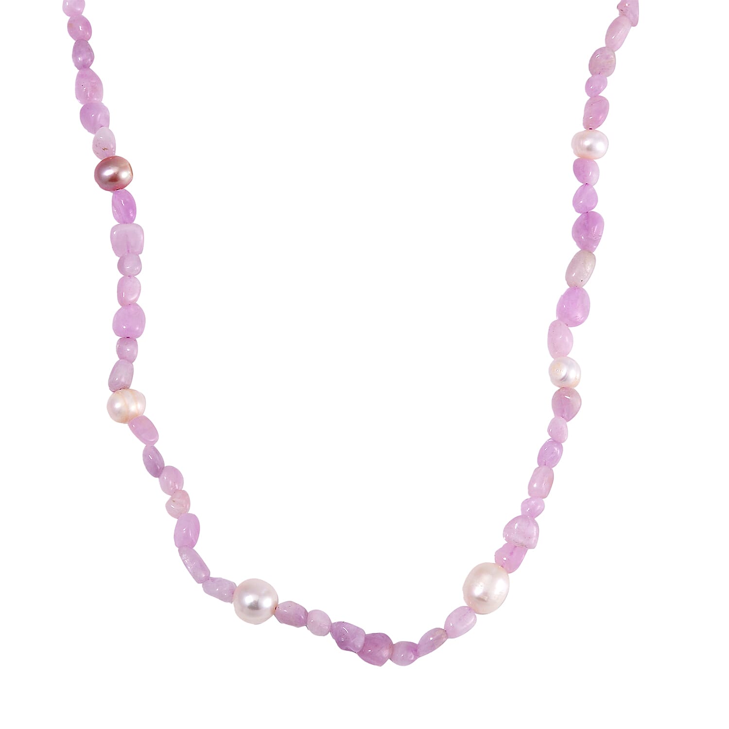 White Freshwater Pearl and Kunzite Chips Necklace 20 Inches in Stainless Steel 100.00 ctw