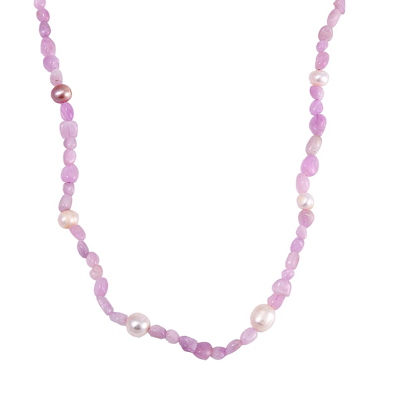 White Freshwater Pearl and Kunzite Chips Necklace 20 Inches in Stainless Steel 100.00 ctw