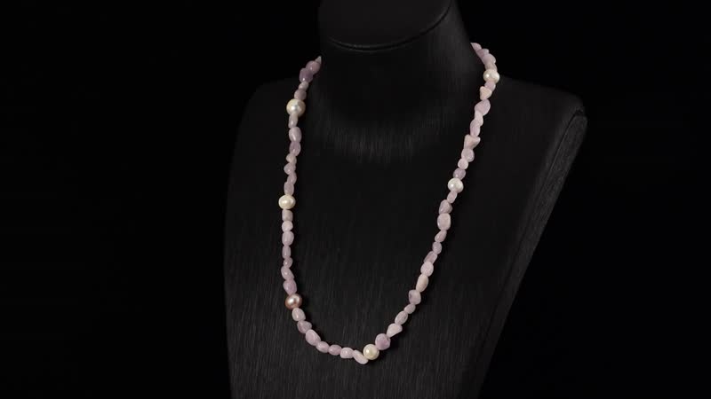 White Freshwater Pearl and Kunzite Chips Necklace 20 Inches in Stainless Steel 100.00 ctw