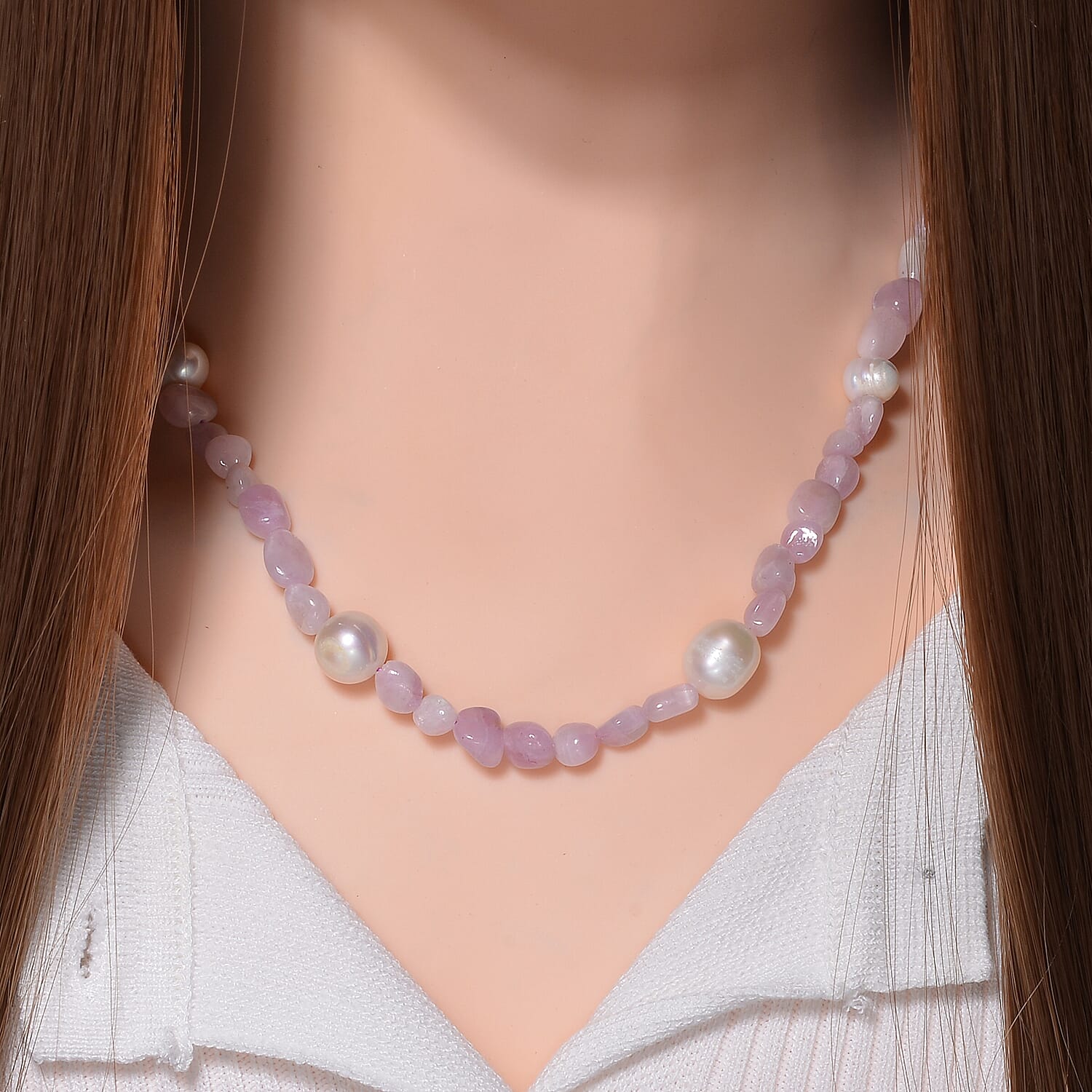 White Freshwater Pearl and Kunzite Chips Necklace 20 Inches in Stainless Steel 100.00 ctw