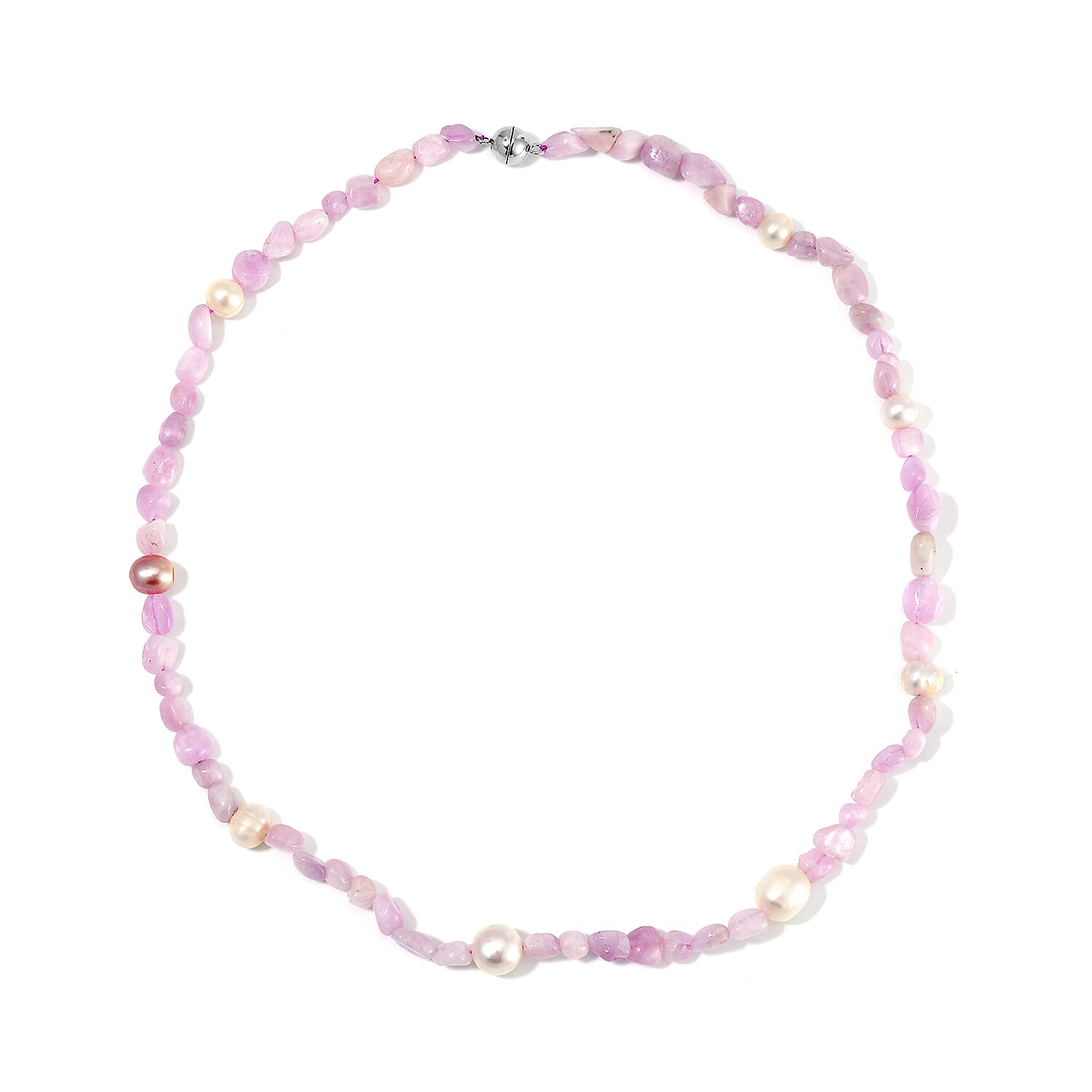 White Freshwater Pearl and Kunzite Chips Necklace 20 Inches in Stainless Steel 100.00 ctw