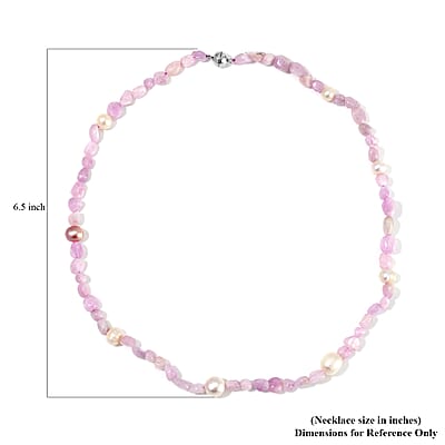 White Freshwater Pearl and Kunzite Chips Necklace 20 Inches in Stainless Steel 100.00 ctw