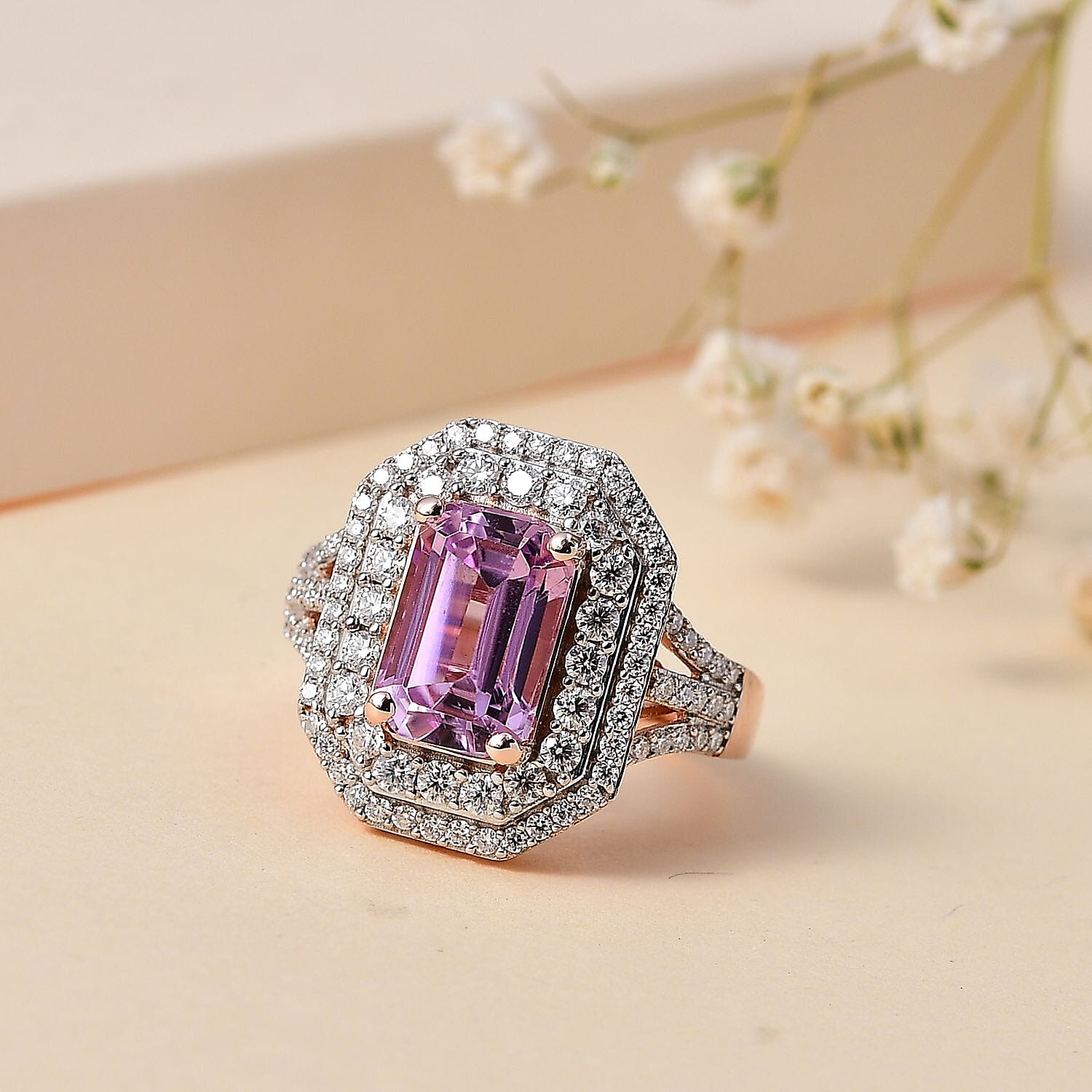 AAA Patroke Kunzite and Moissanite Cocktail Ring in 18K Vermeil Rose Gold Over Sterling Silver (Size 10.0) 5.75 ctw