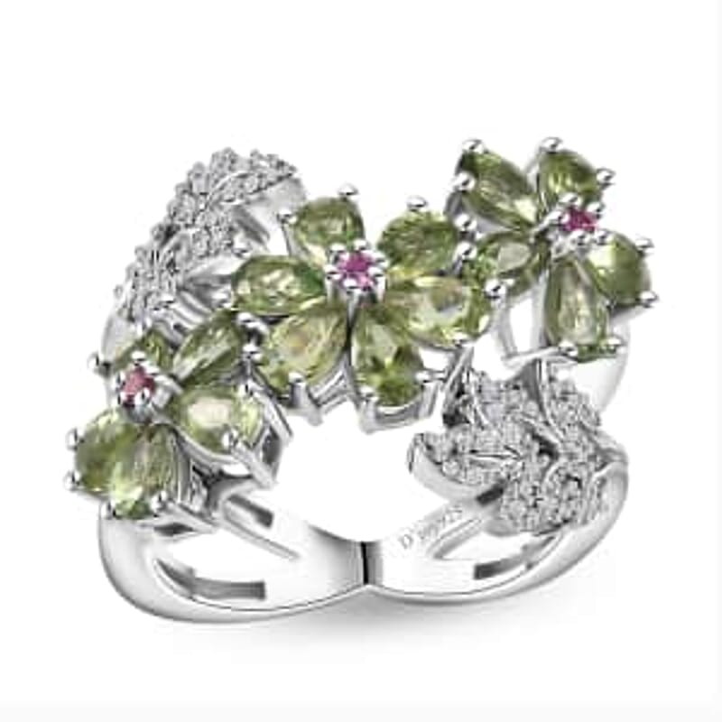 D'Joy Andranomaro Green Apatite and Multi Gemstone Flower Ring in Rhodium Over Sterling Silver (Size 10.0) 4.15 ctw