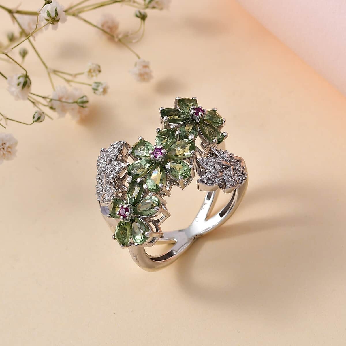 Natural Green Apatite, Multi Gemstone Flower Ring in Rhodium Over Sterling Silver (Size 10.0) 4.15 ctw image number 1