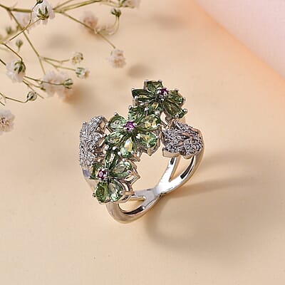 D'Joy Andranomaro Green Apatite and Multi Gemstone Flower Ring in Rhodium Over Sterling Silver (Size 10.0) 4.15 ctw