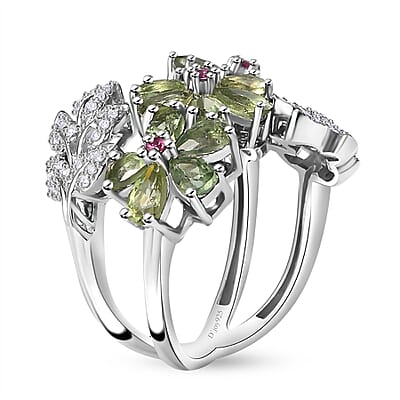 D'Joy Andranomaro Green Apatite and Multi Gemstone Flower Ring in Rhodium Over Sterling Silver (Size 10.0) 4.15 ctw