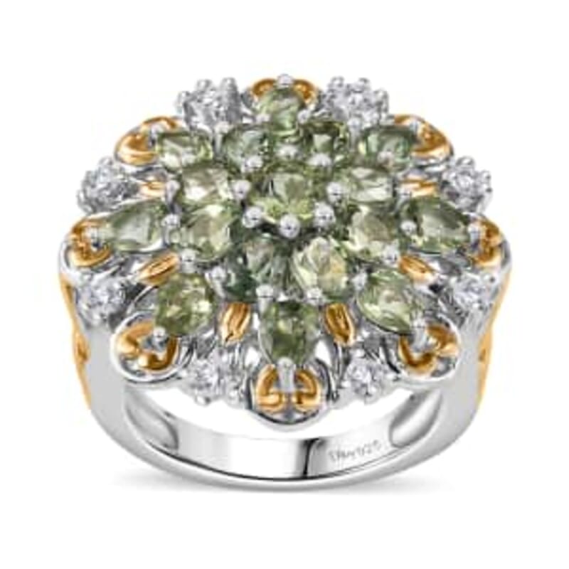 Andranomaro Green Apatite and Moissanite Flower Ring in 18K Vermeil YG and Rhodium Over Sterling Silver (Size 10.0) 3.50 ctw