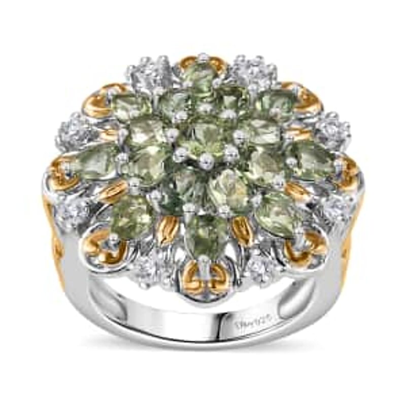Andranomaro Green Apatite and Moissanite Flower Ring in 18K Vermeil YG and Rhodium Over Sterling Silver (Size 10.0) 3.50 ctw